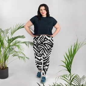 Zebra Plus Size Leggings, Black Striped Animal Print Women's Yoga Tights-Made in USA/EU