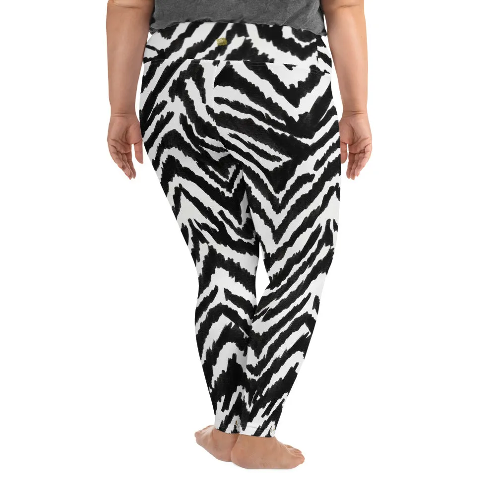 Zebra Plus Size Leggings, Black Striped Animal Print Women's Yoga Tights-Made in USA/EU