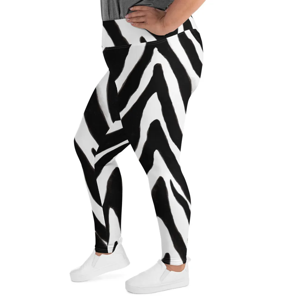 Zebra Women's Plus Size Leggings, Animal Print Women's Yoga Tights-  Made in USA/EU