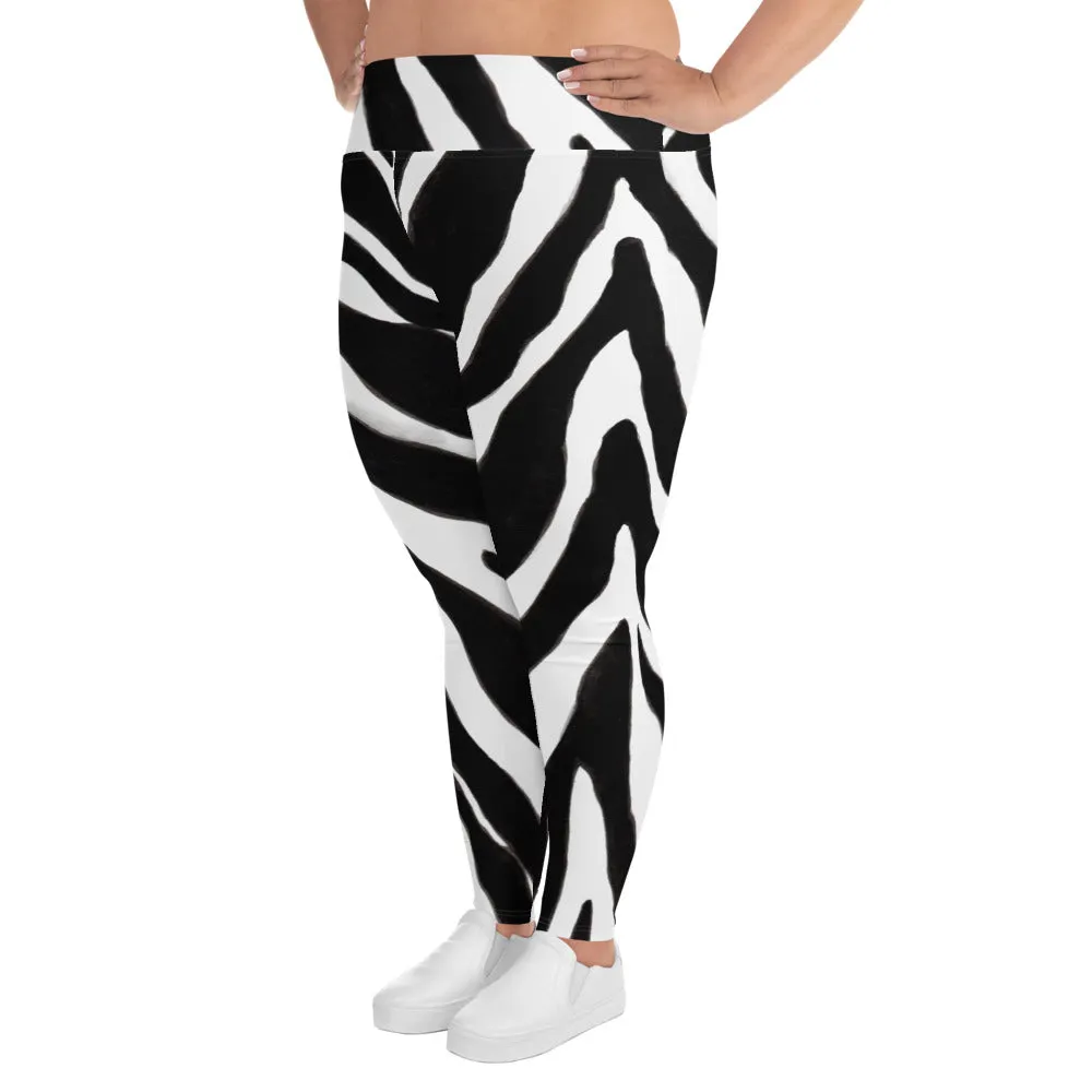 Zebra Women's Plus Size Leggings, Animal Print Women's Yoga Tights-  Made in USA/EU